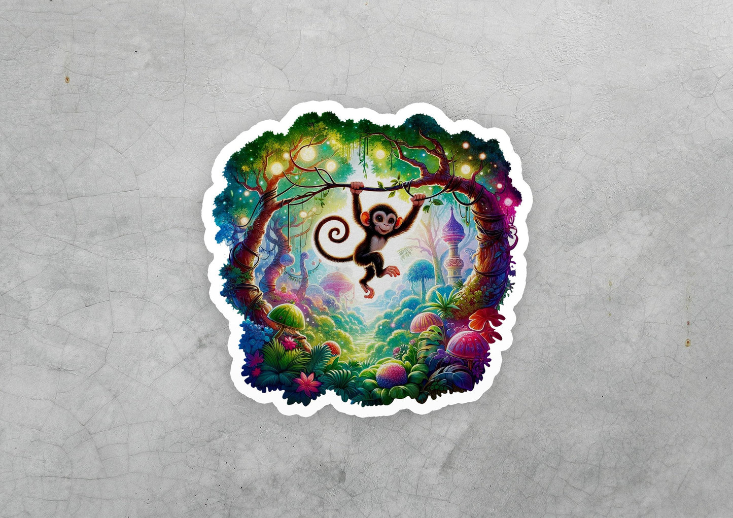 a sticker of a monkey hanging from a tree
