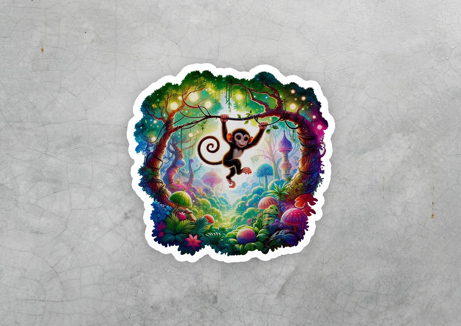 a sticker of a monkey hanging from a tree
