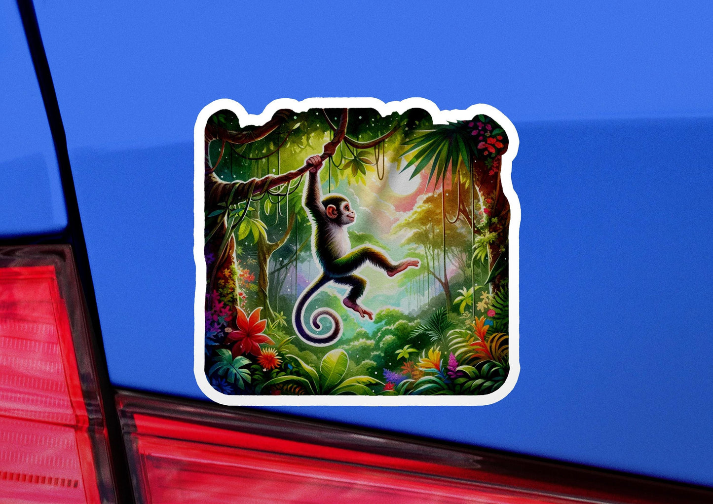 a sticker of a monkey hanging from a tree