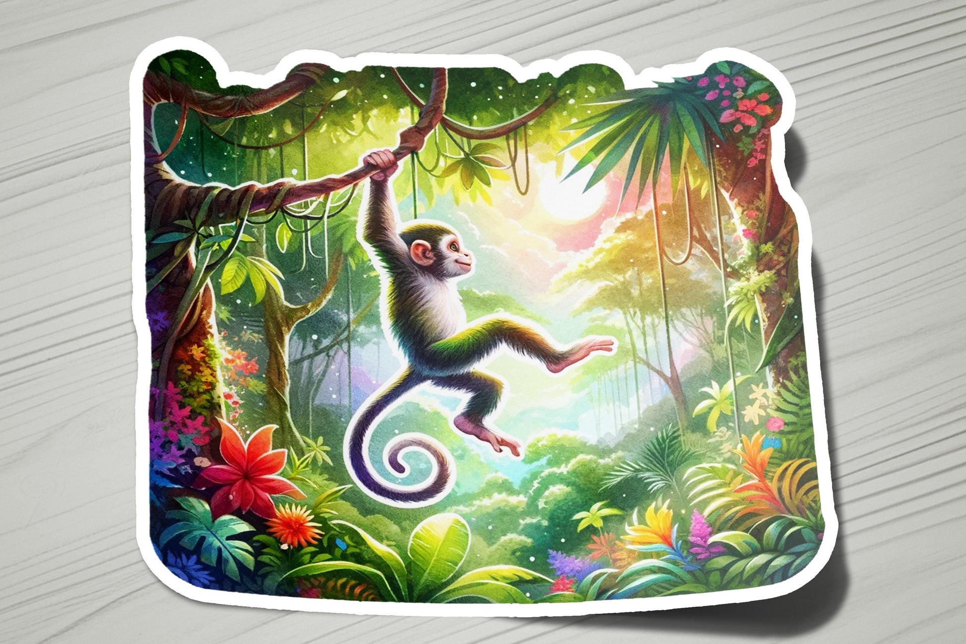 a sticker of a monkey hanging from a tree