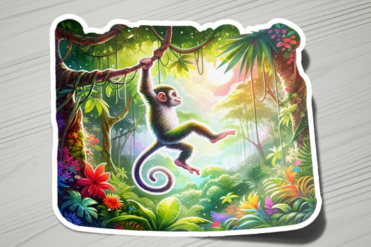 a sticker of a monkey hanging from a tree