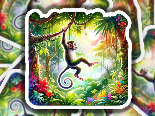 a sticker of a monkey hanging from a tree