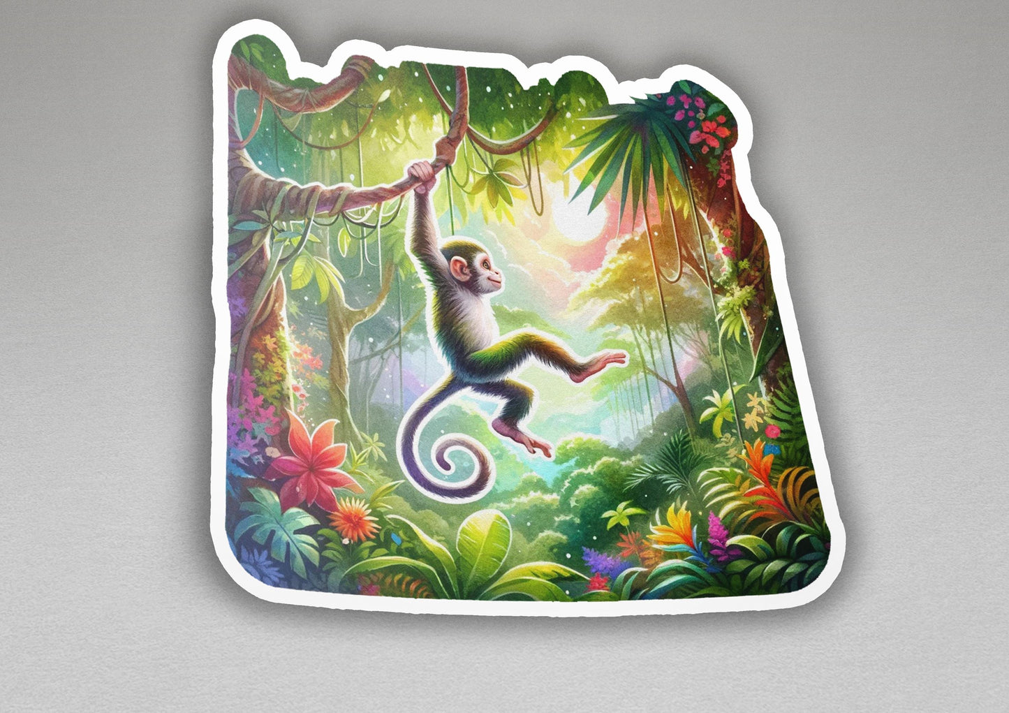 a sticker of a monkey hanging from a tree