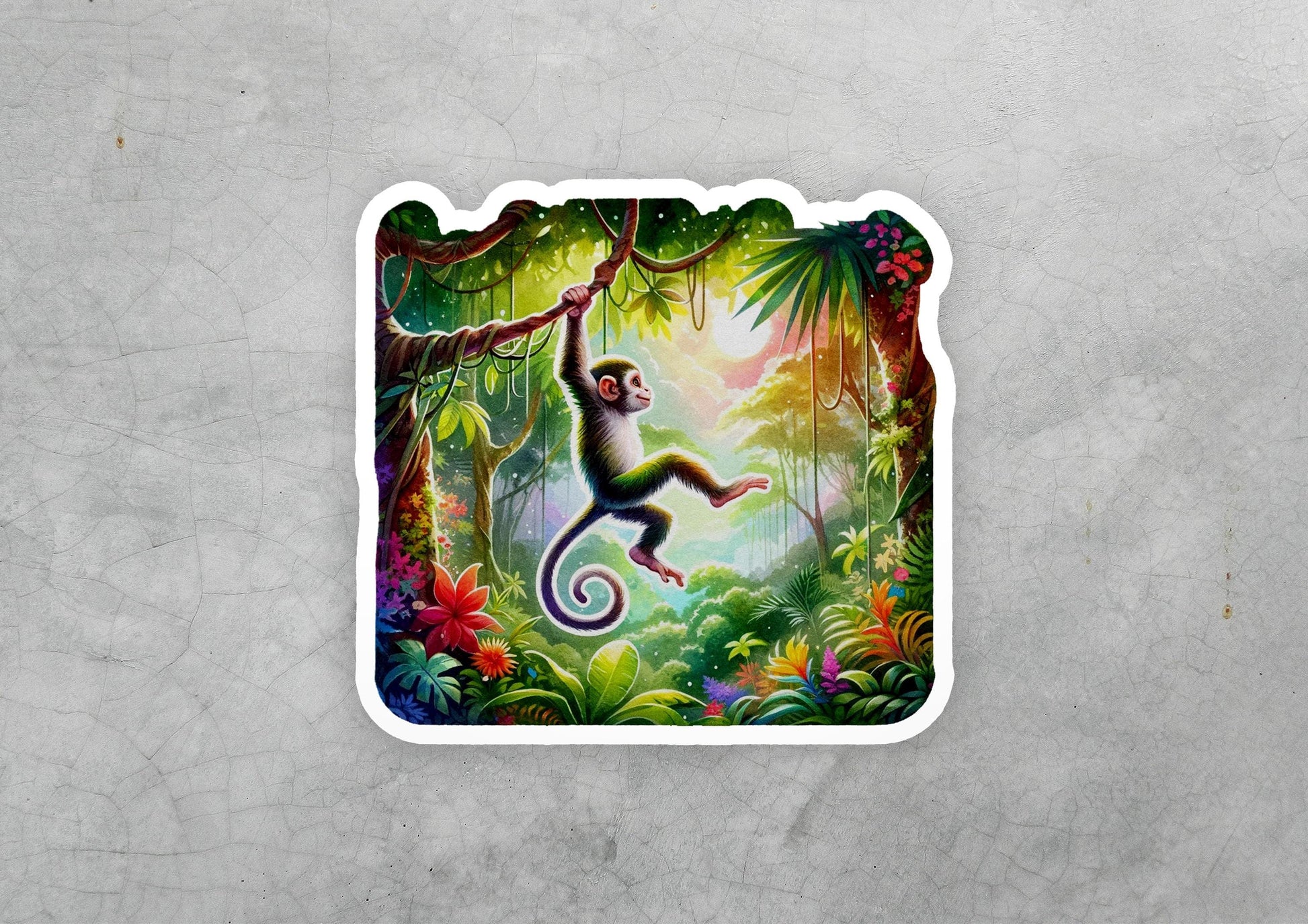 a sticker of a monkey hanging from a tree