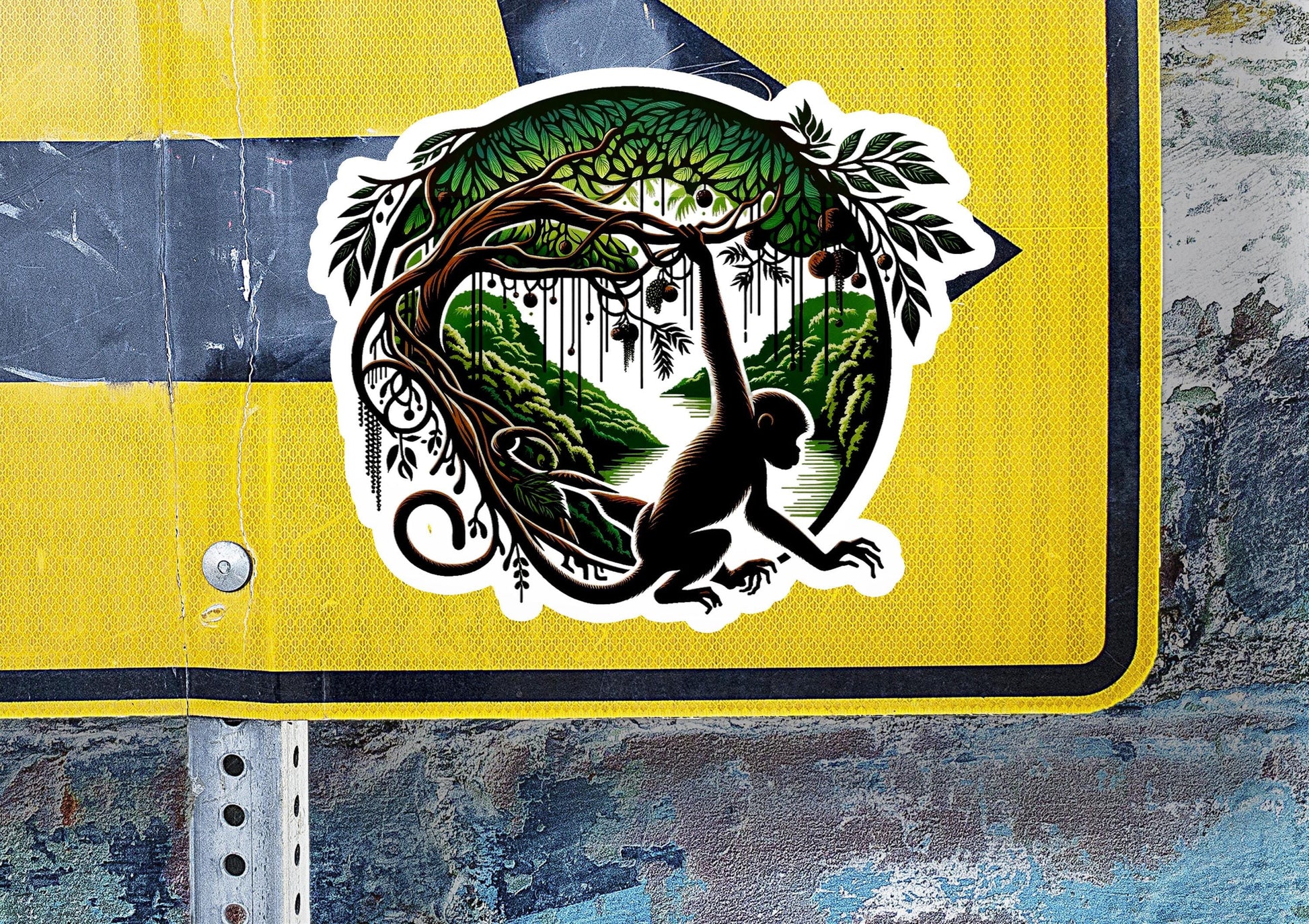 a sticker of a monkey sitting on a tree