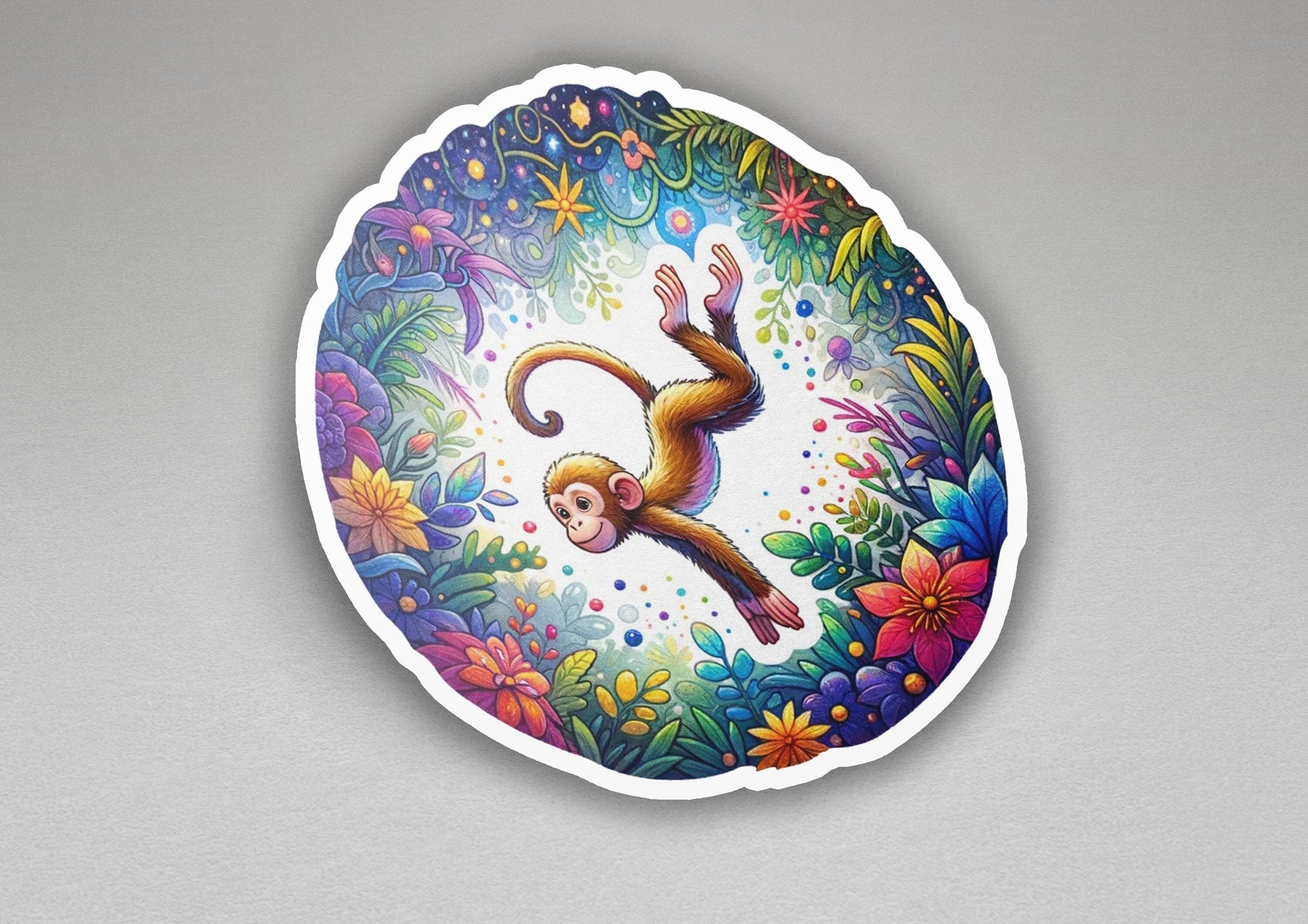 a sticker of a monkey flying through the air