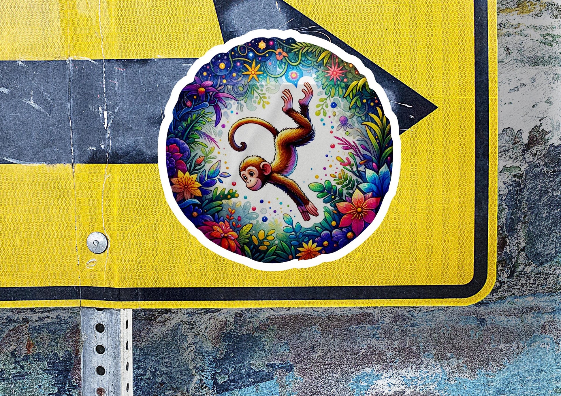 a sticker of a monkey on the side of a street sign