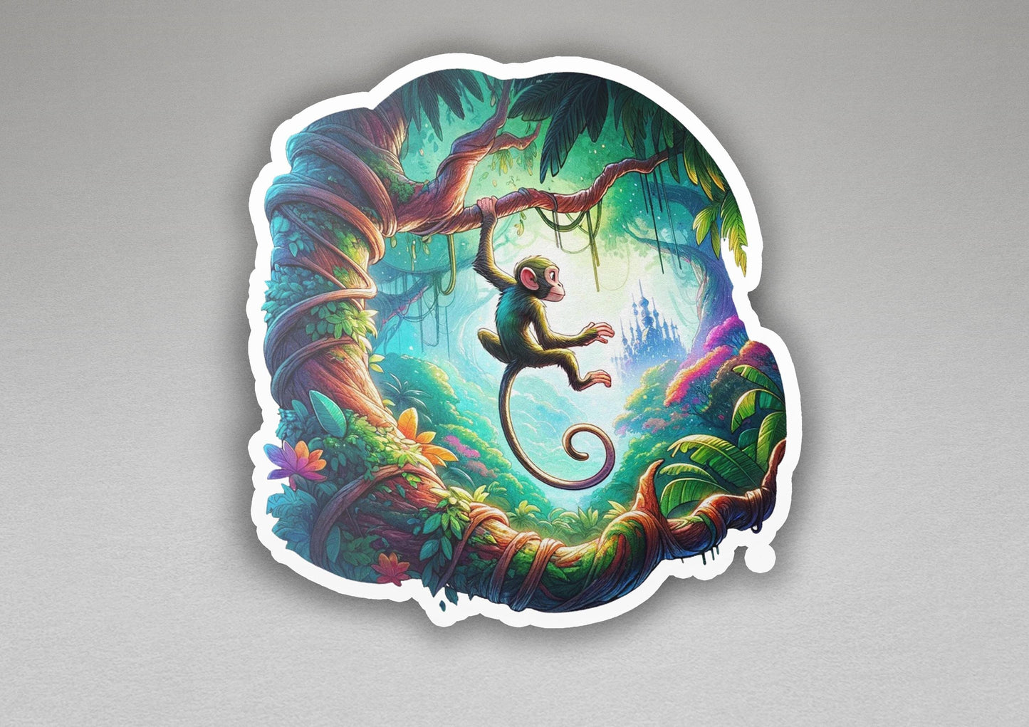 a sticker of a monkey hanging from a tree