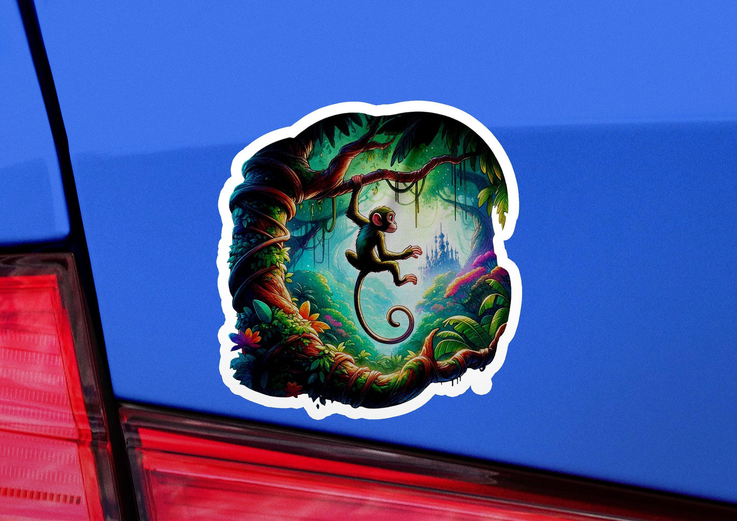a sticker of a monkey on the back of a car