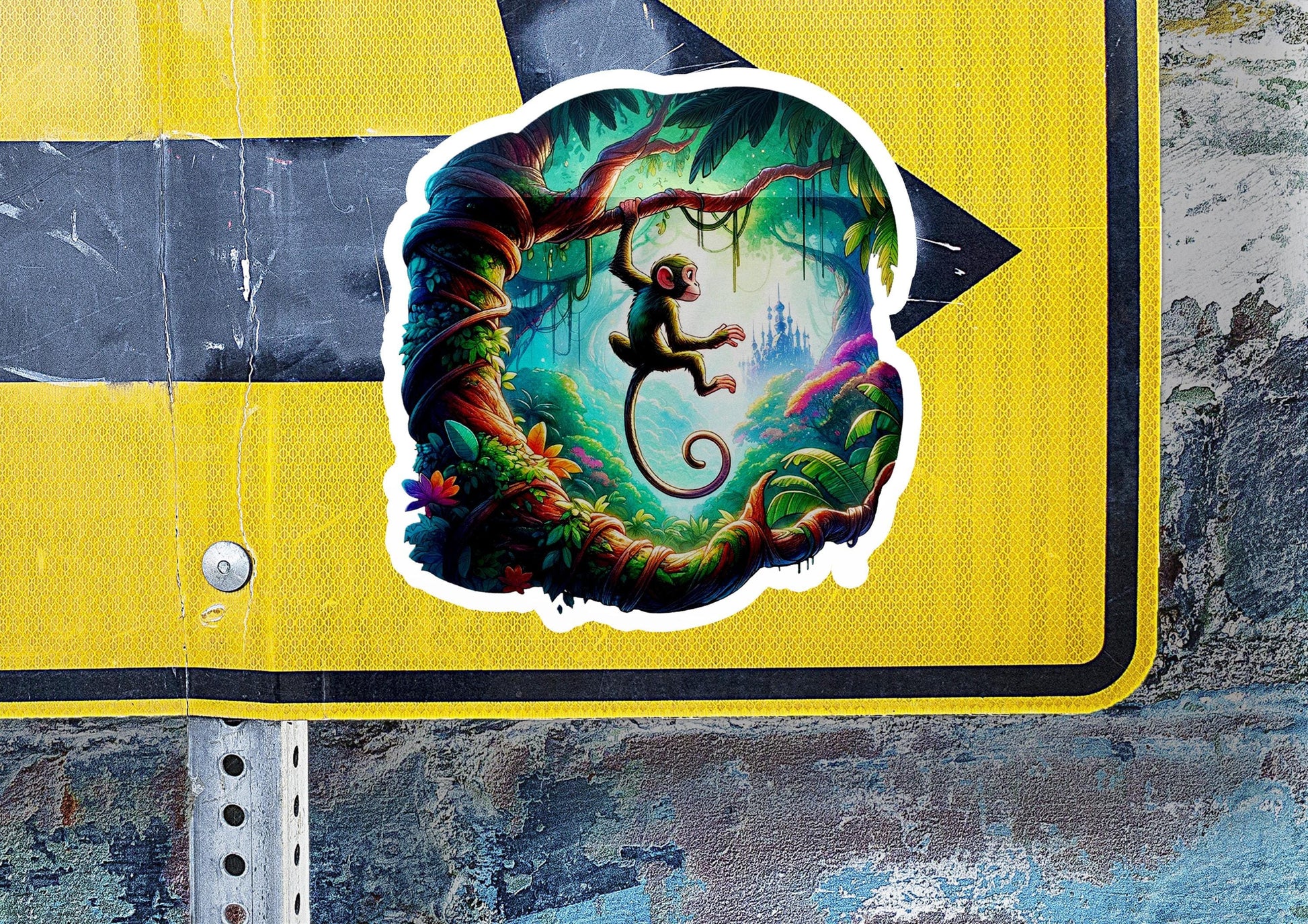 a sticker of a monkey on a yellow sign