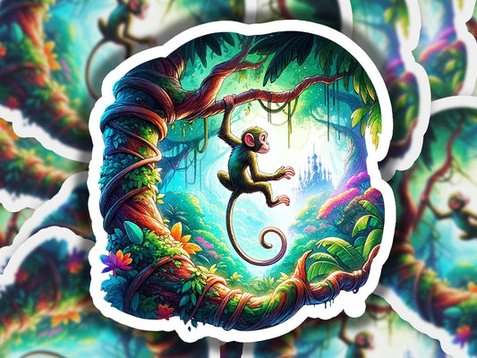a sticker of a monkey hanging from a tree