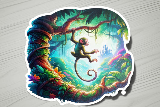 a sticker of a monkey hanging from a tree
