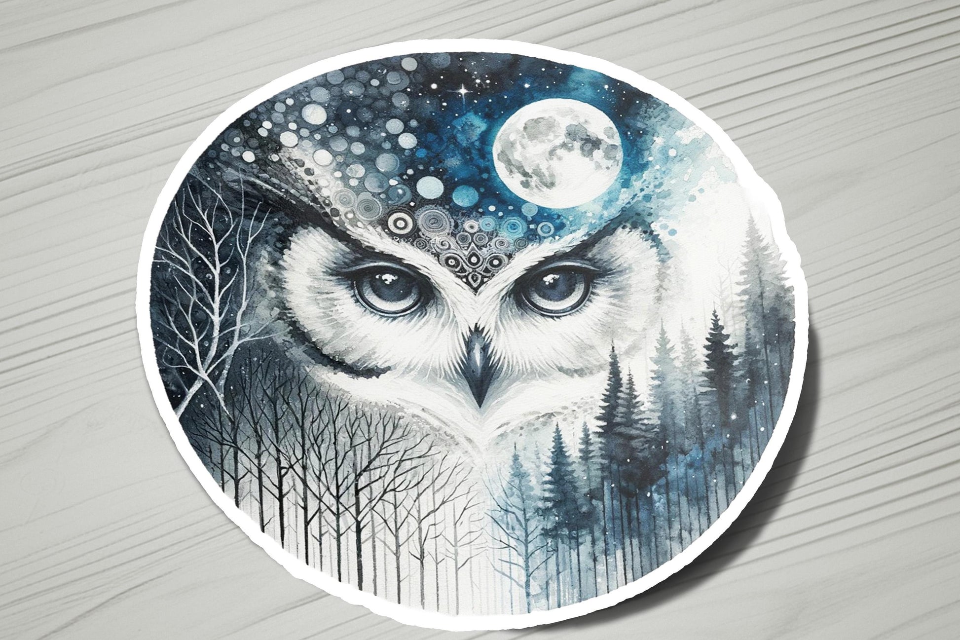a picture of an owl with a full moon in the background