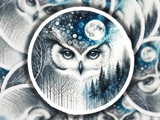 a picture of an owl with a full moon in the background