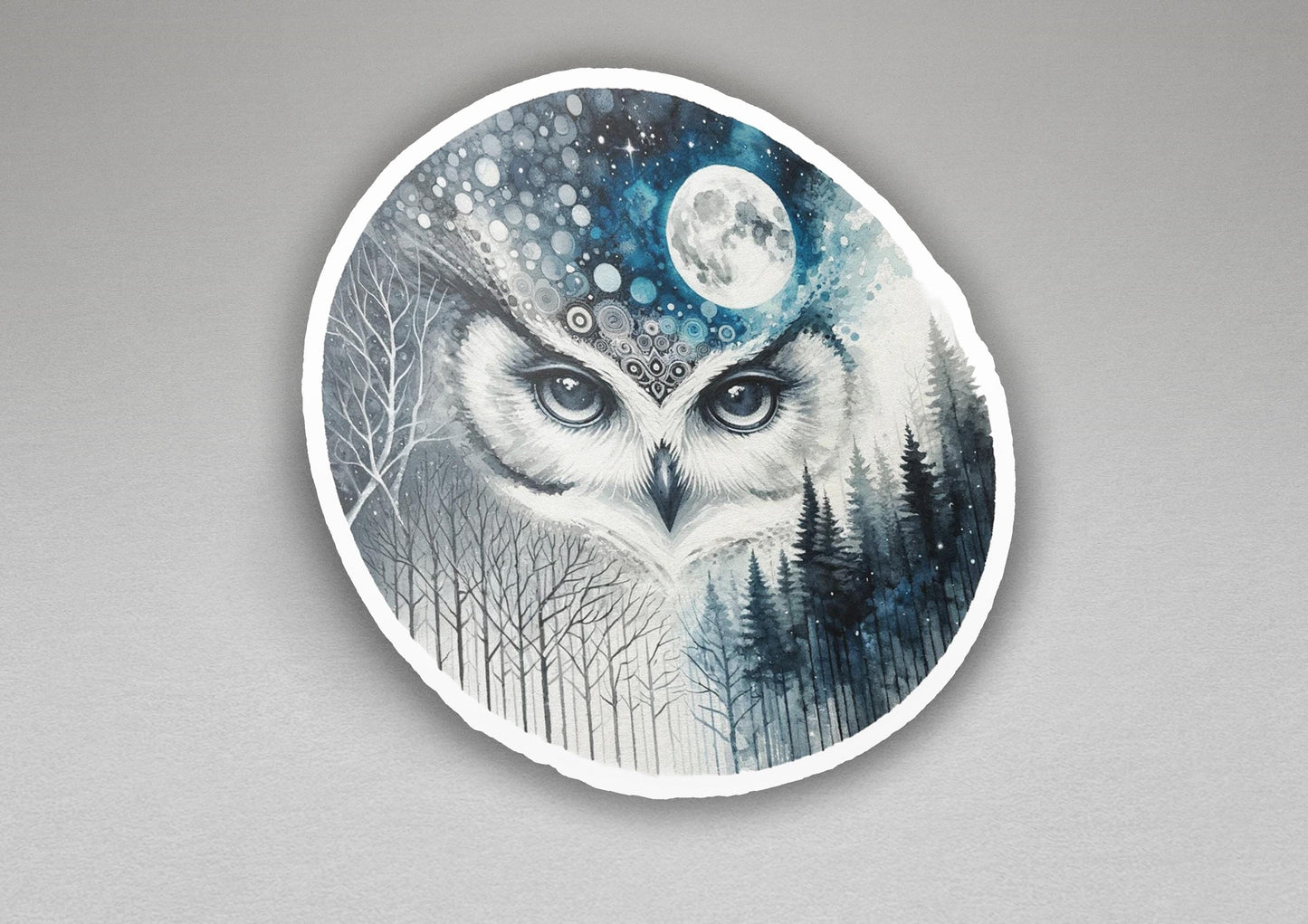 a picture of an owl with a full moon in the background