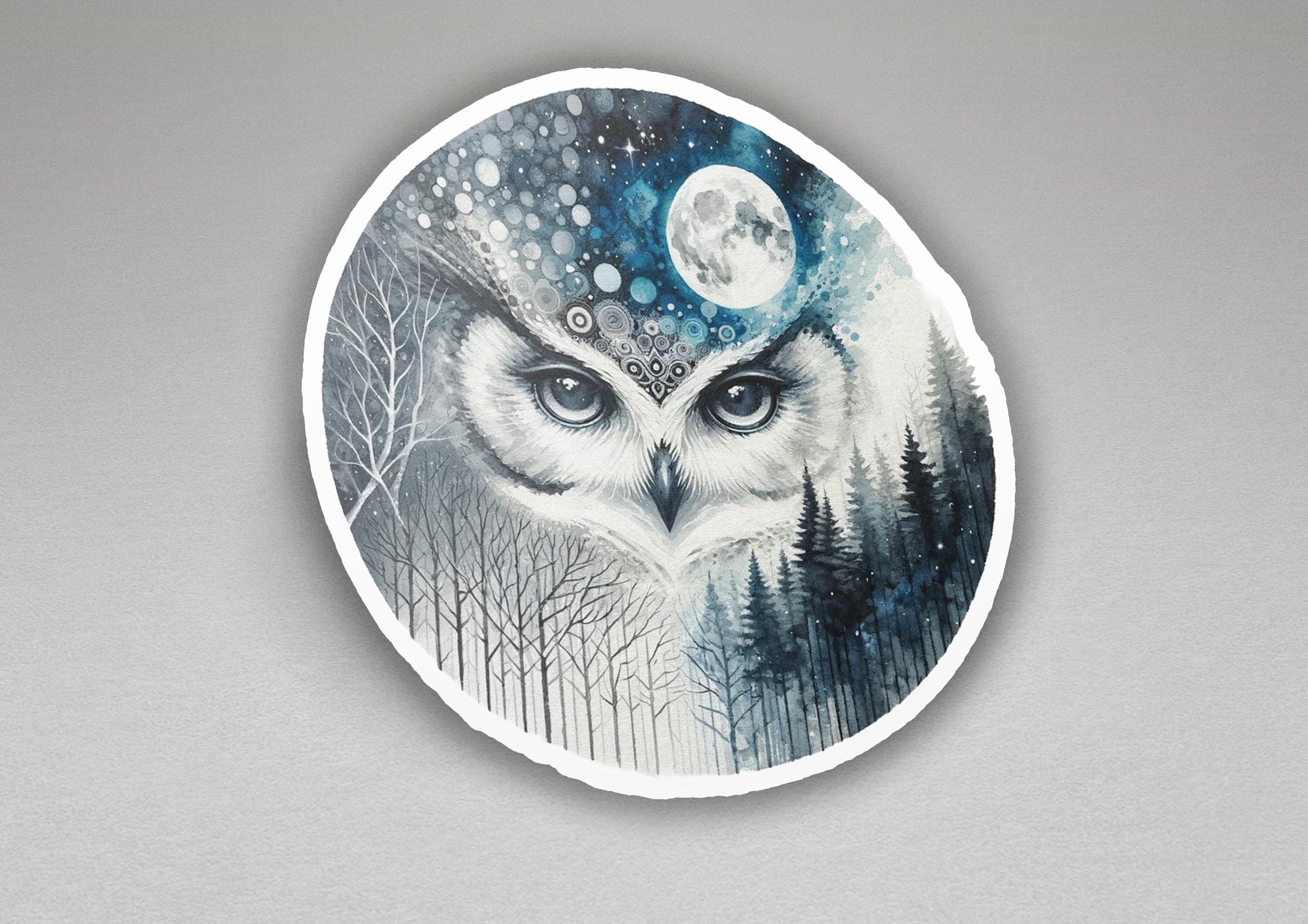 a picture of an owl with a full moon in the background