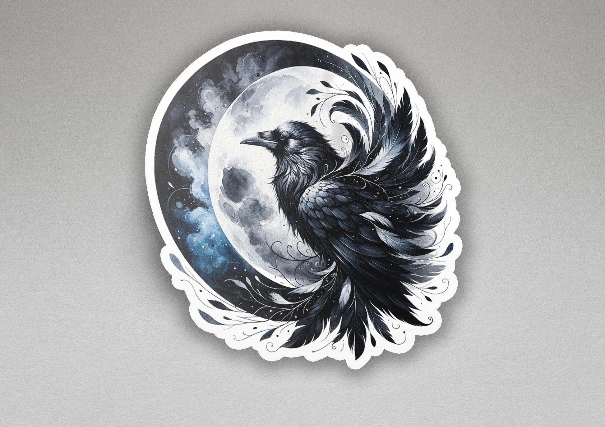 a sticker of a black bird with a full moon in the background