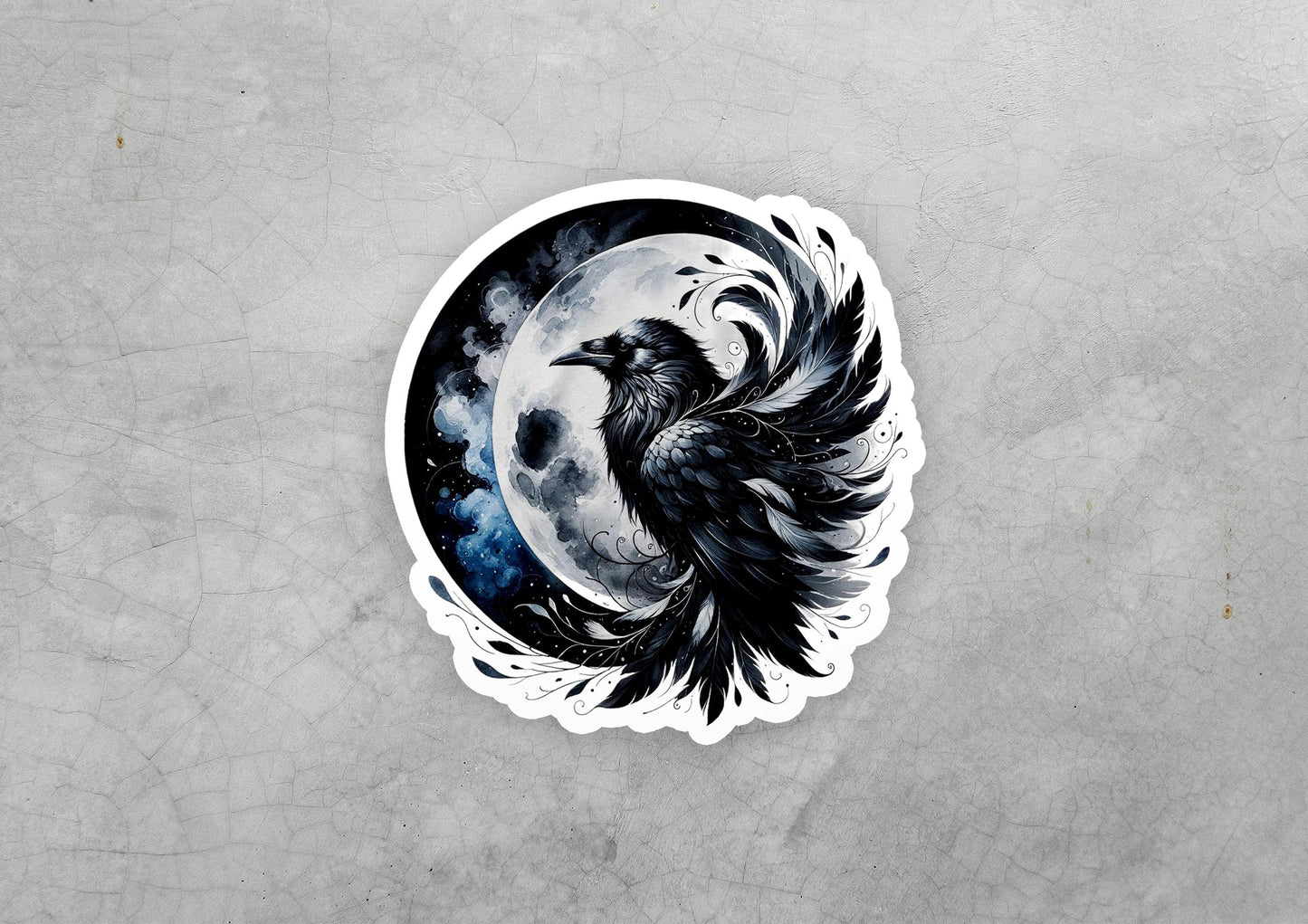 a sticker of a black bird with a full moon in the background