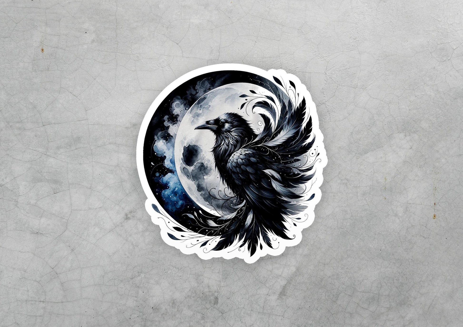 a sticker of a black bird with a full moon in the background