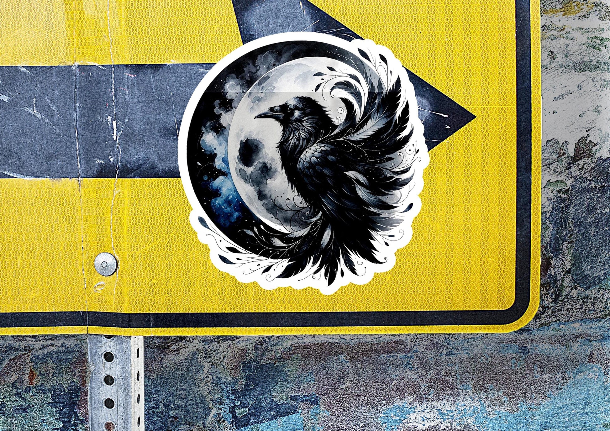 a yellow street sign with a black bird on it