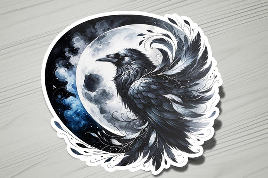 a sticker of a black bird sitting on top of a wooden table