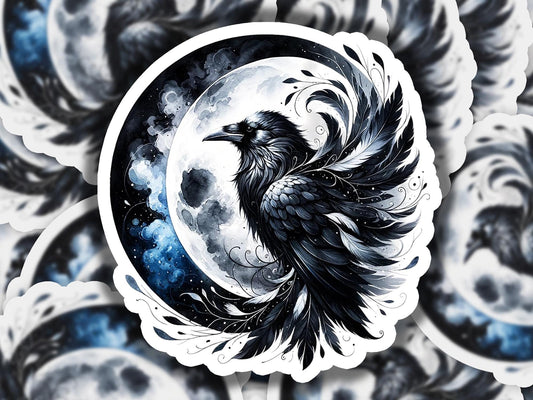 a sticker of a black bird sitting on top of a moon