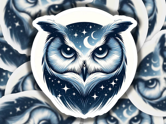 a sticker of an owl with stars and the moon