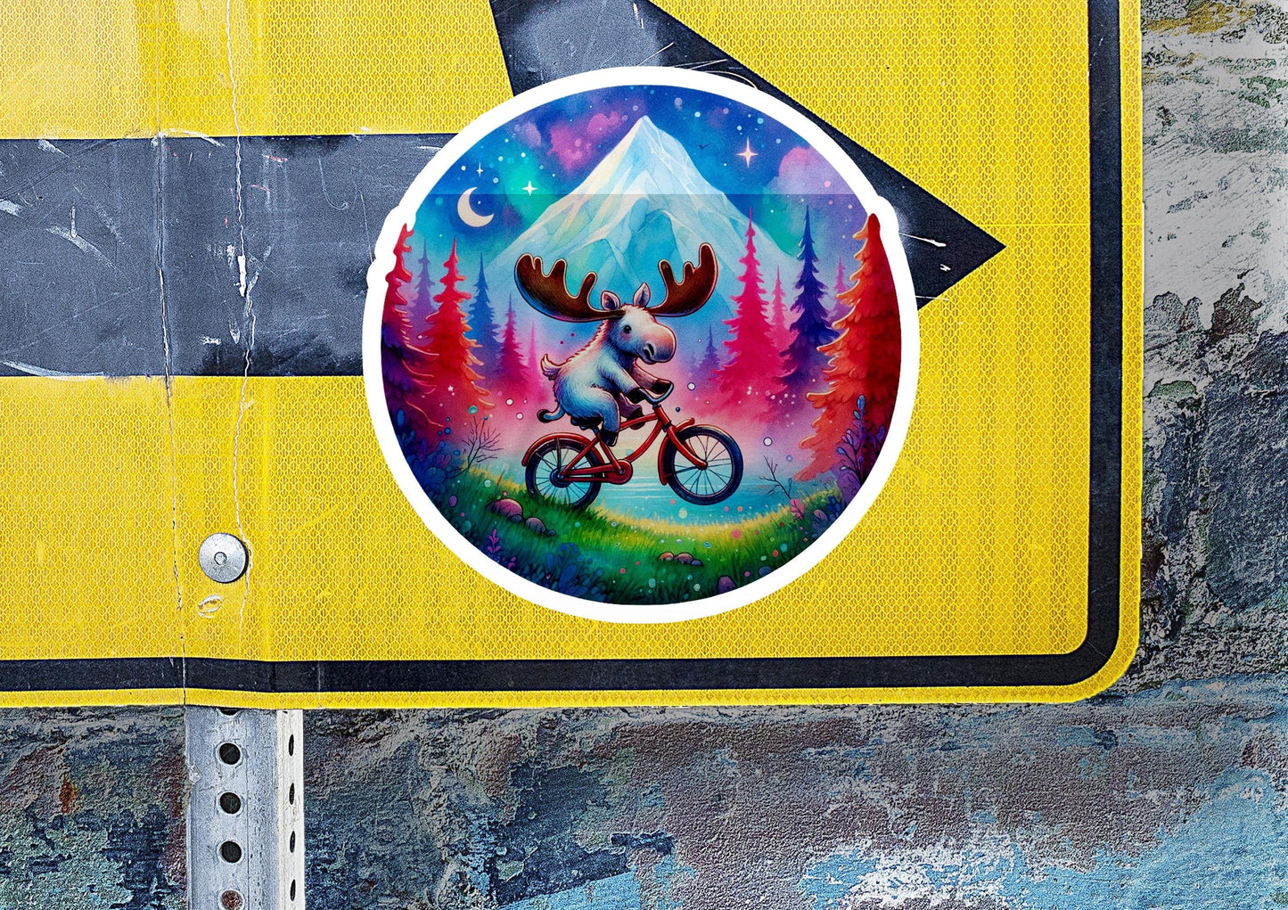 a street sign with a picture of a moose riding a bike