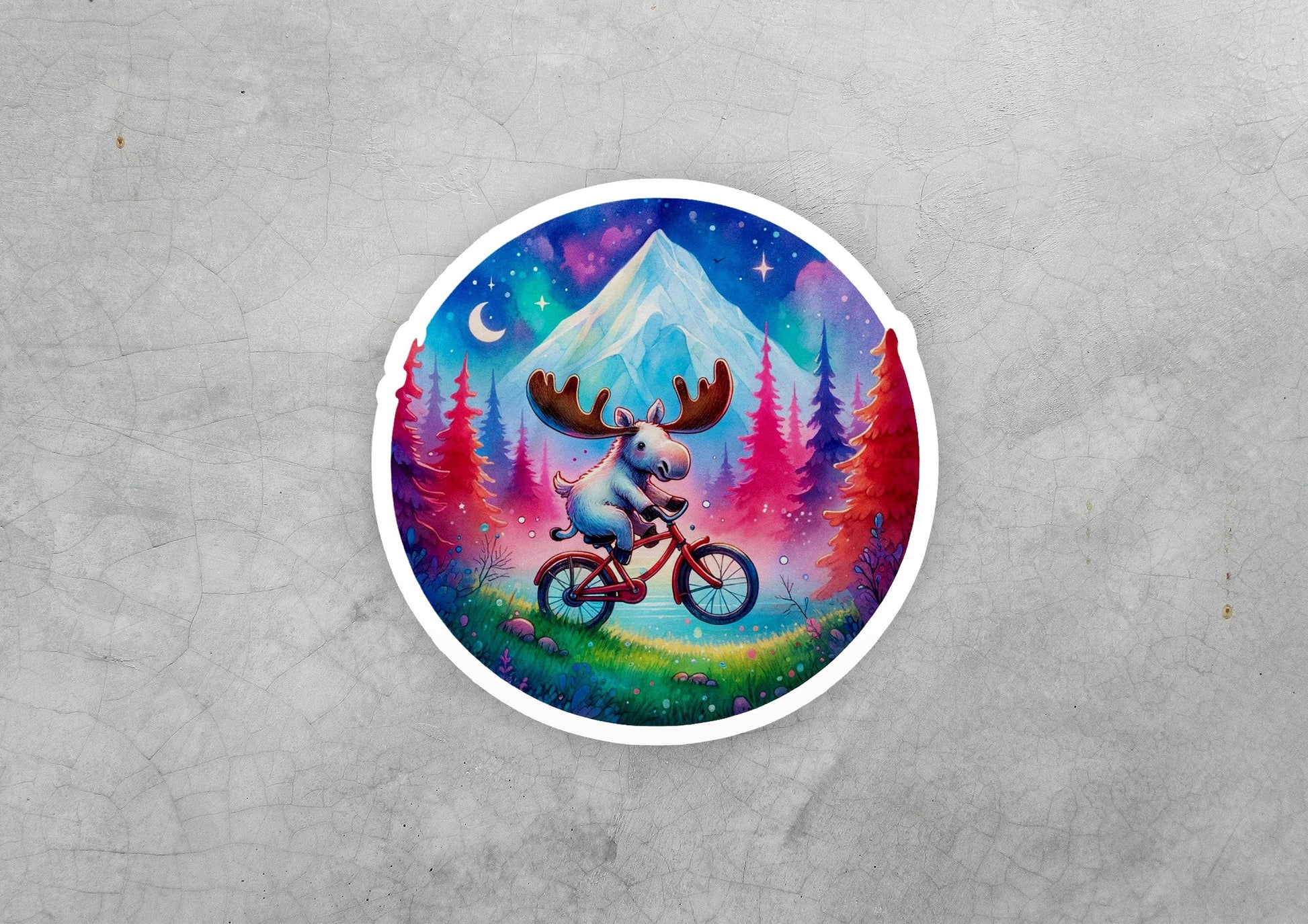 a sticker of a moose riding a bike