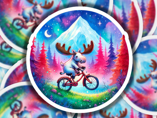 a painting of a moose riding a bicycle
