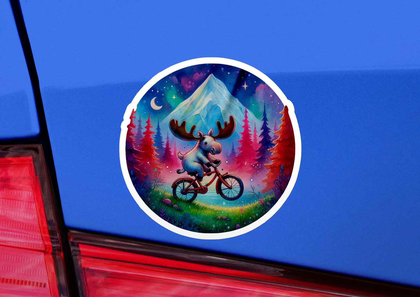 a car with a sticker of a moose riding a bike