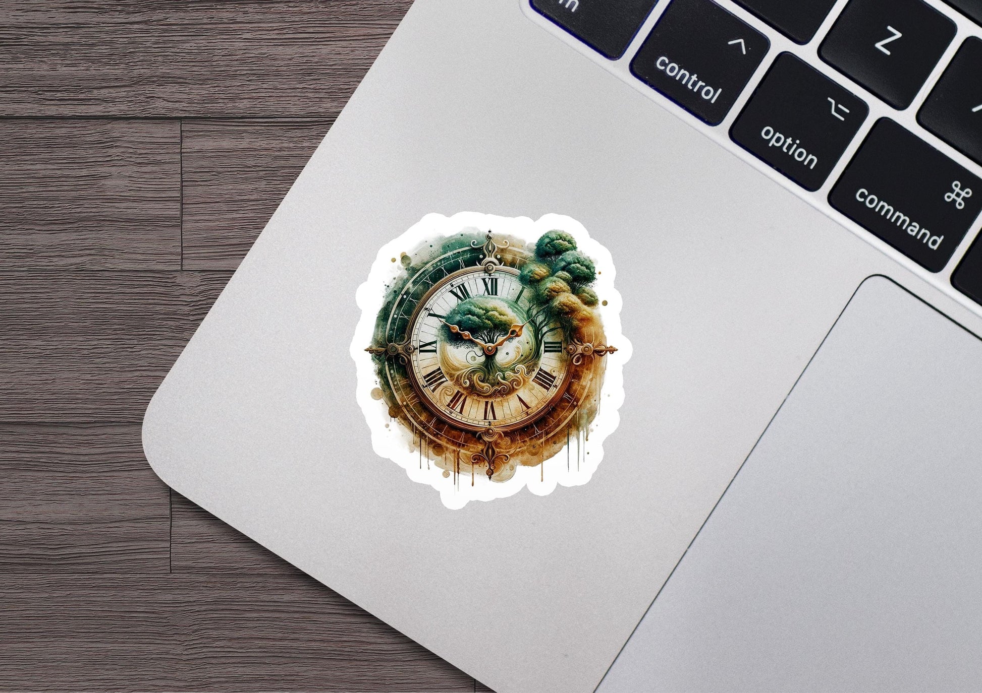 a laptop with a sticker of a clock on it