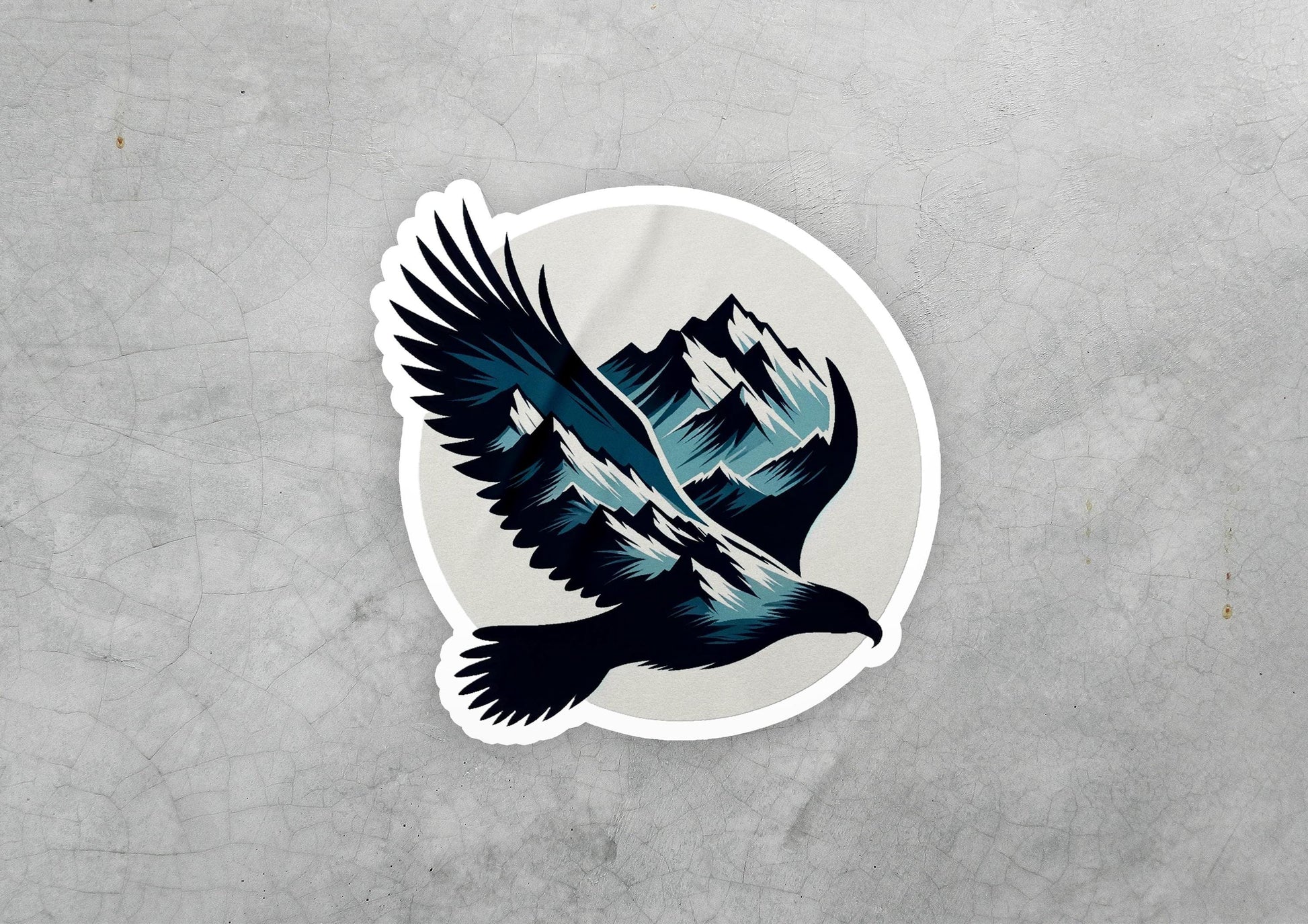 a sticker of a bird with mountains in the background