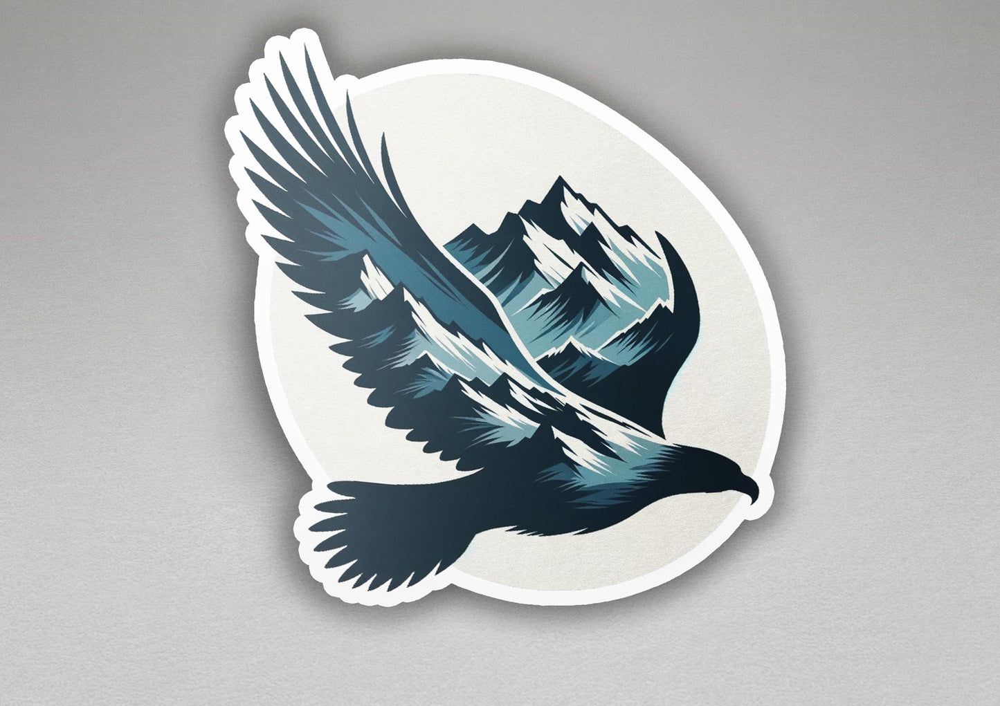 a sticker of a bird flying with mountains in the background
