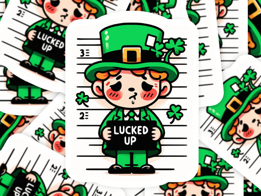 Mugshot Leprechaun Lucked Up St. Patricks Day Vinyl Sticker | Dishwasher Safe & Durable | Custom Sizes | Fast Shipping | Made in USA Fiesta Doodle waterproof vinyl sticker. dishwasher safe outdoor sticker.