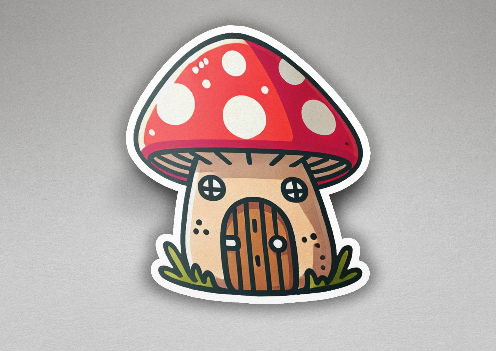 a sticker of a mushroom house with a door