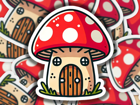 a sticker of a mushroom house surrounded by mushrooms