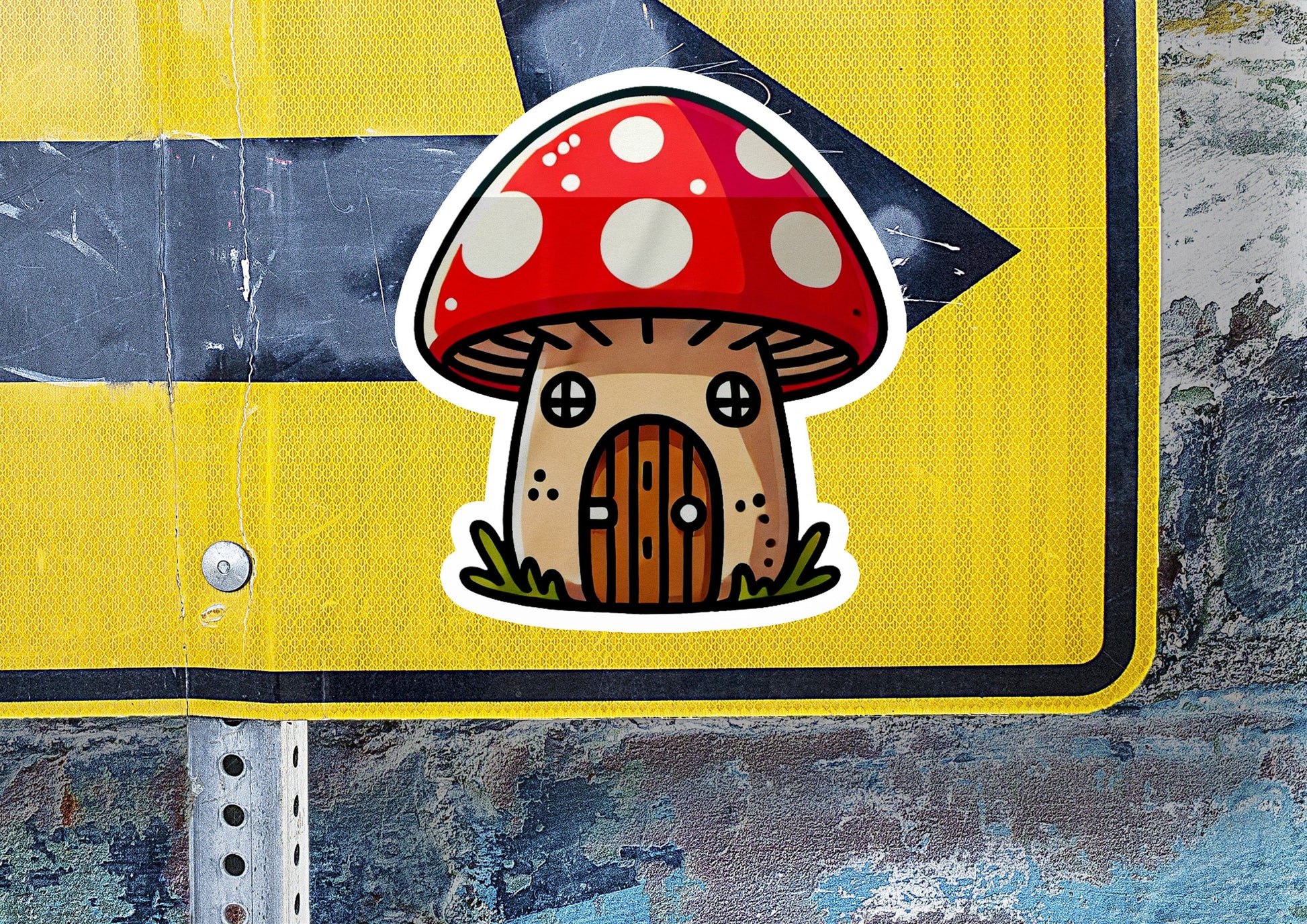a sticker of a mushroom house on a street sign