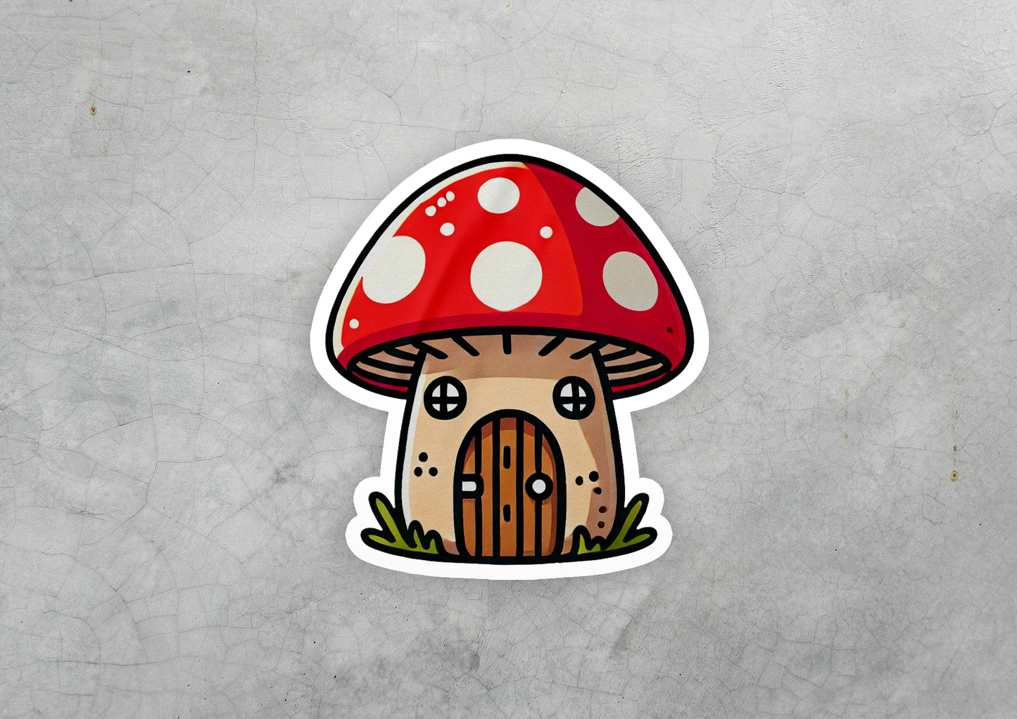 a sticker of a mushroom house with a door