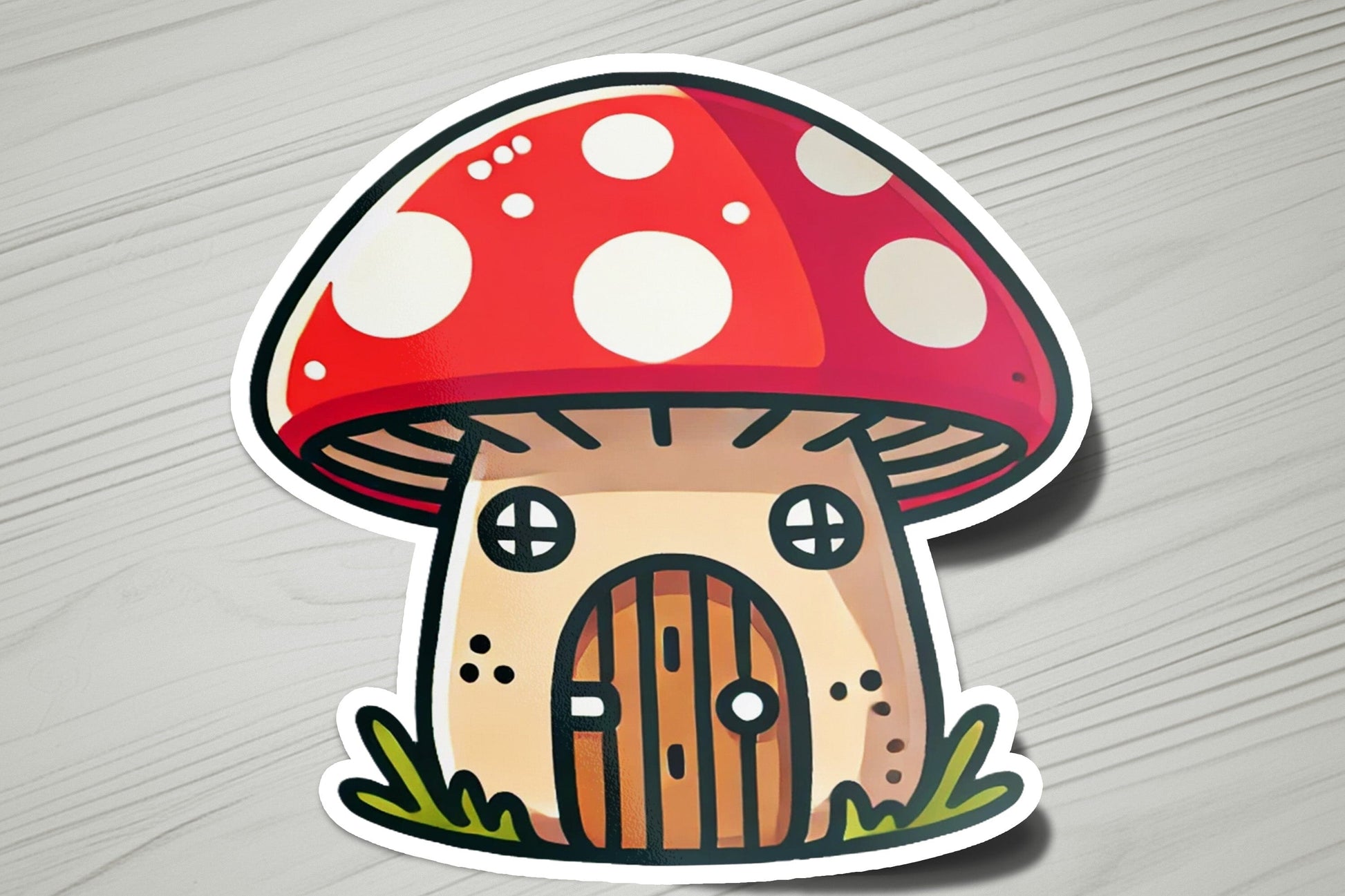 a sticker of a mushroom house on a table