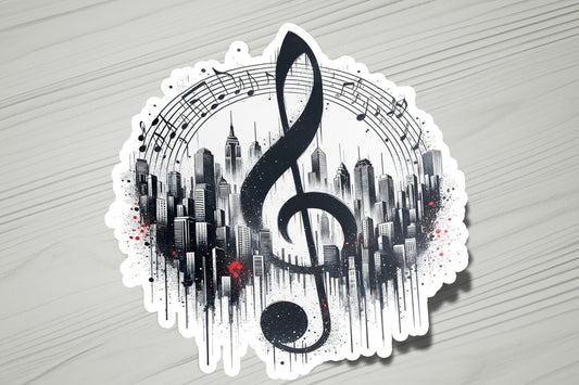 a musical note with a city skyline in the background