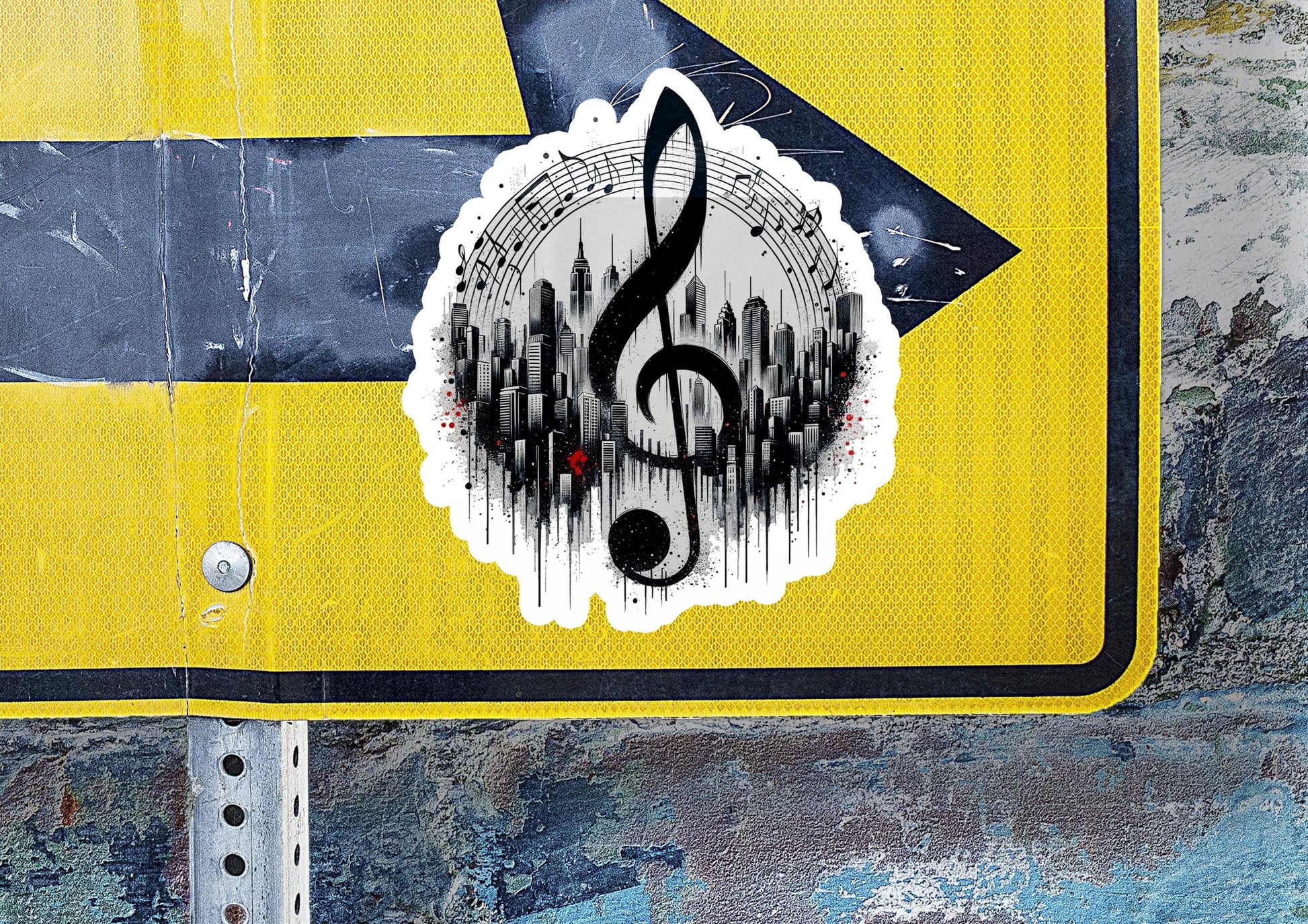 a yellow street sign with a musical note on it