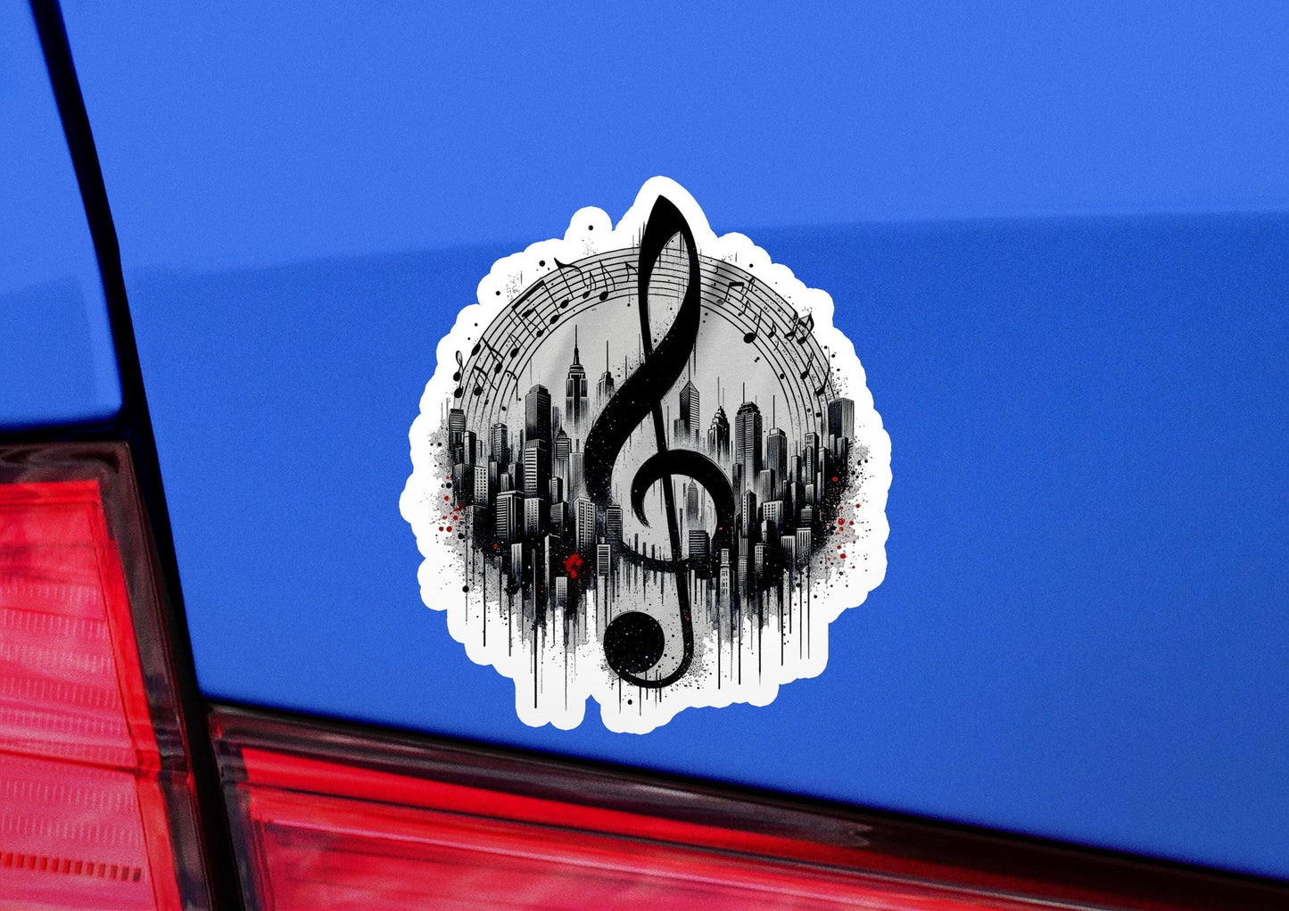 a musical note sticker on the back of a car