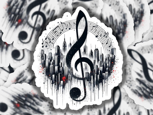 a musical note with a city skyline in the background