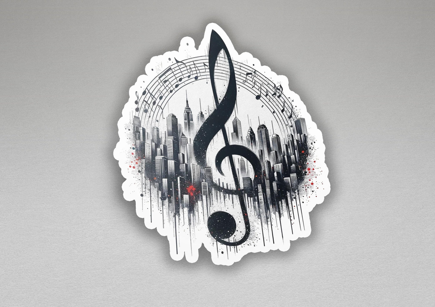 a musical note with a city skyline in the background