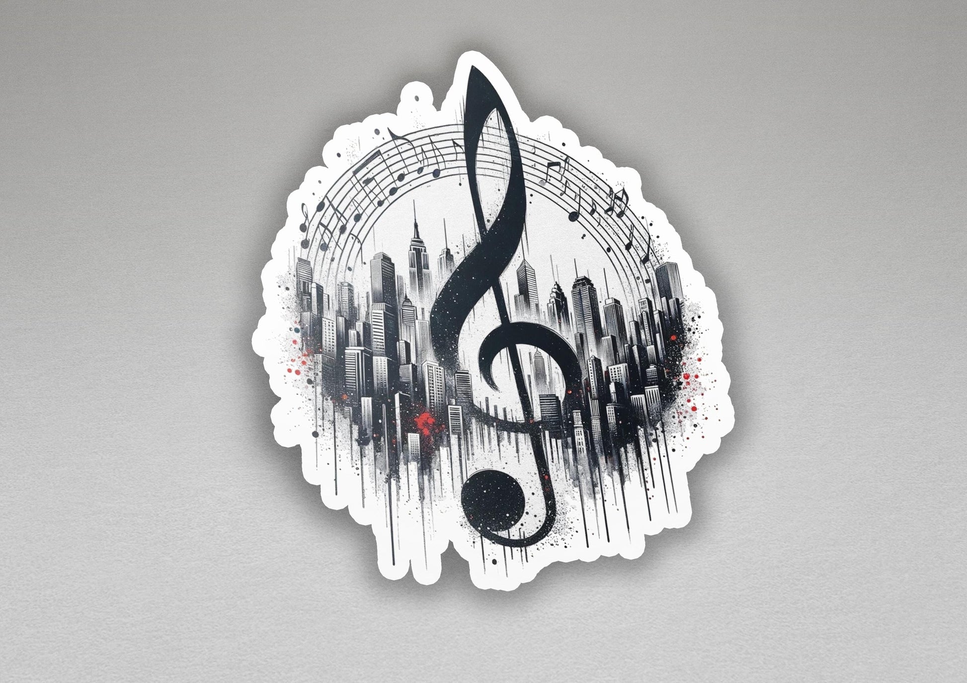 a musical note with a city skyline in the background
