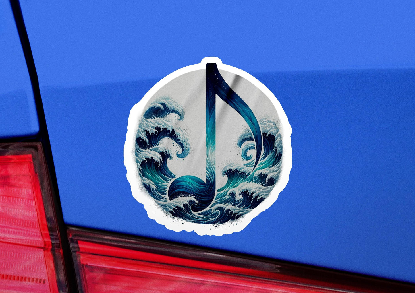 a sticker of a musical note on the back of a car