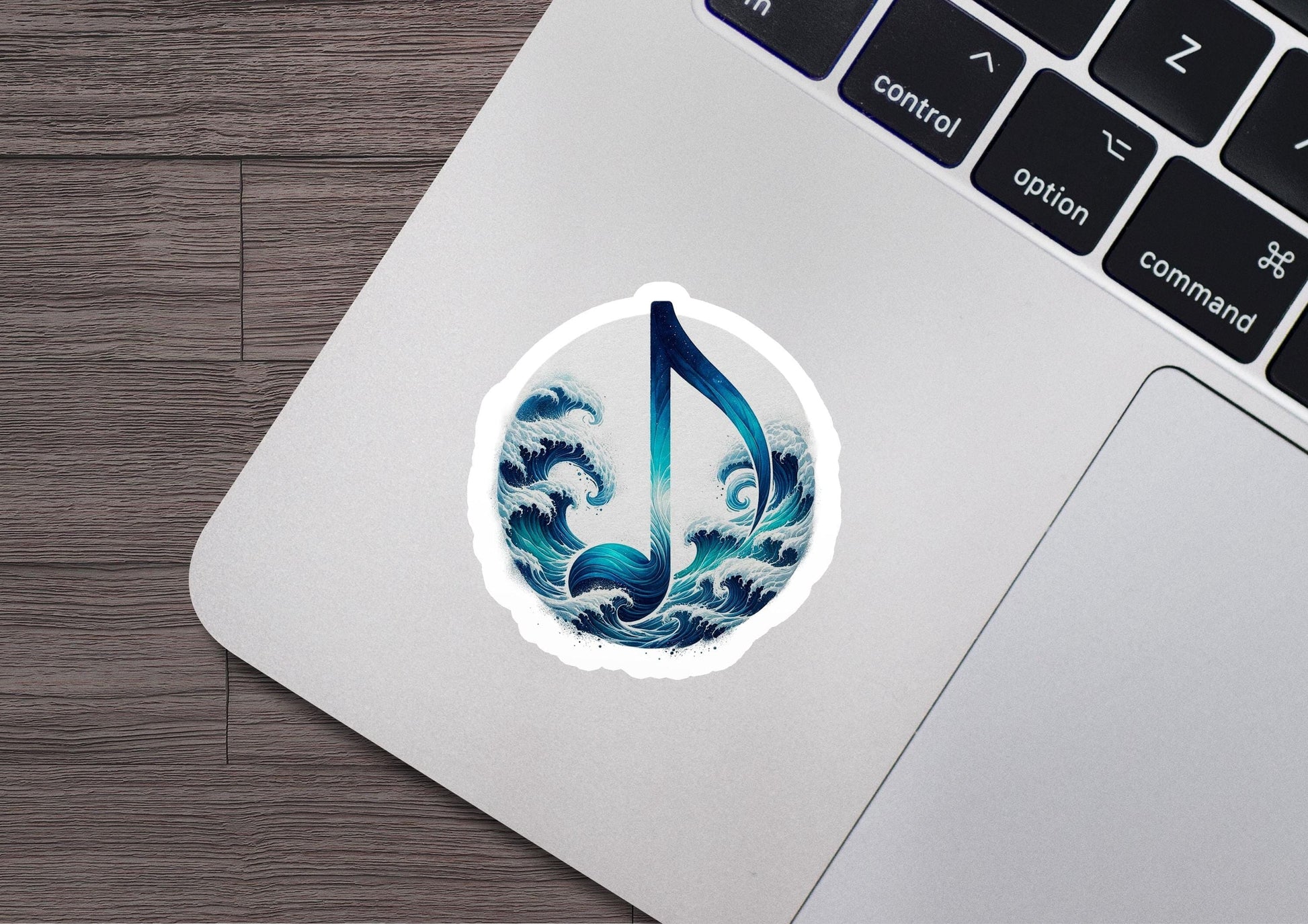 a laptop with a sticker of a musical note on it