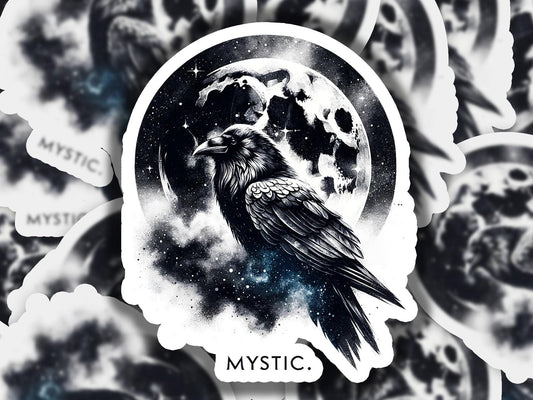 a black and white picture of a crow with a full moon in the background