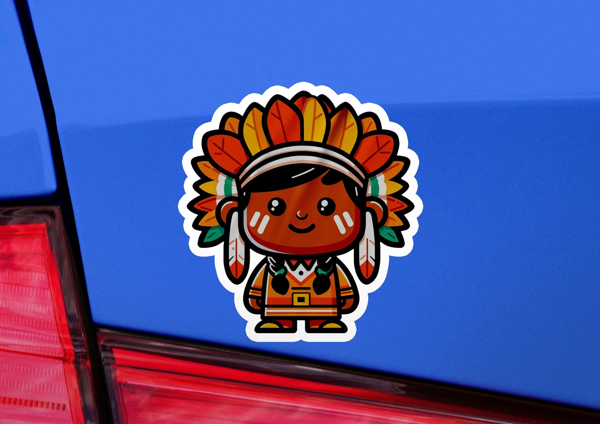 a car with a sticker of a person wearing a headdress